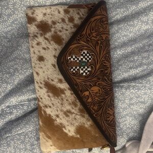 Western hand tooled Brown and Cream cowhide crossbody